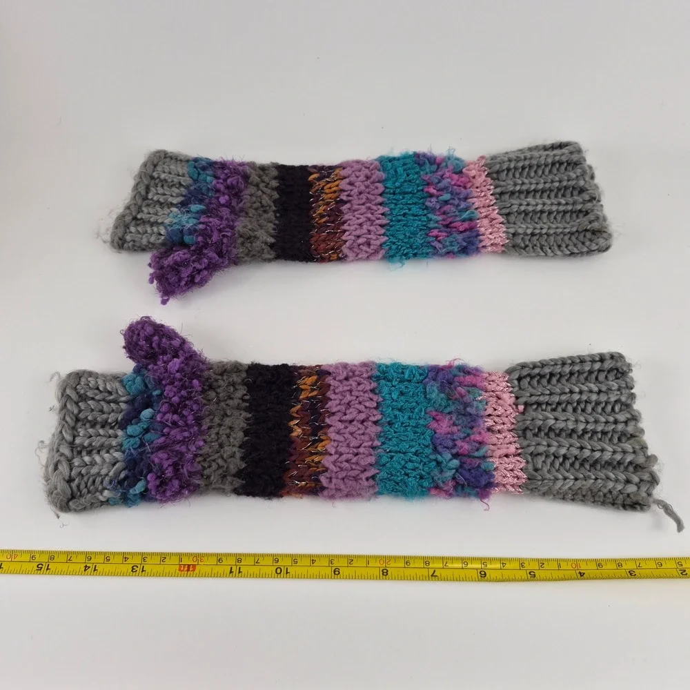 Boho Multi Color Striped Chunky Knit Fingerless Gloves Arm Warmers One Size